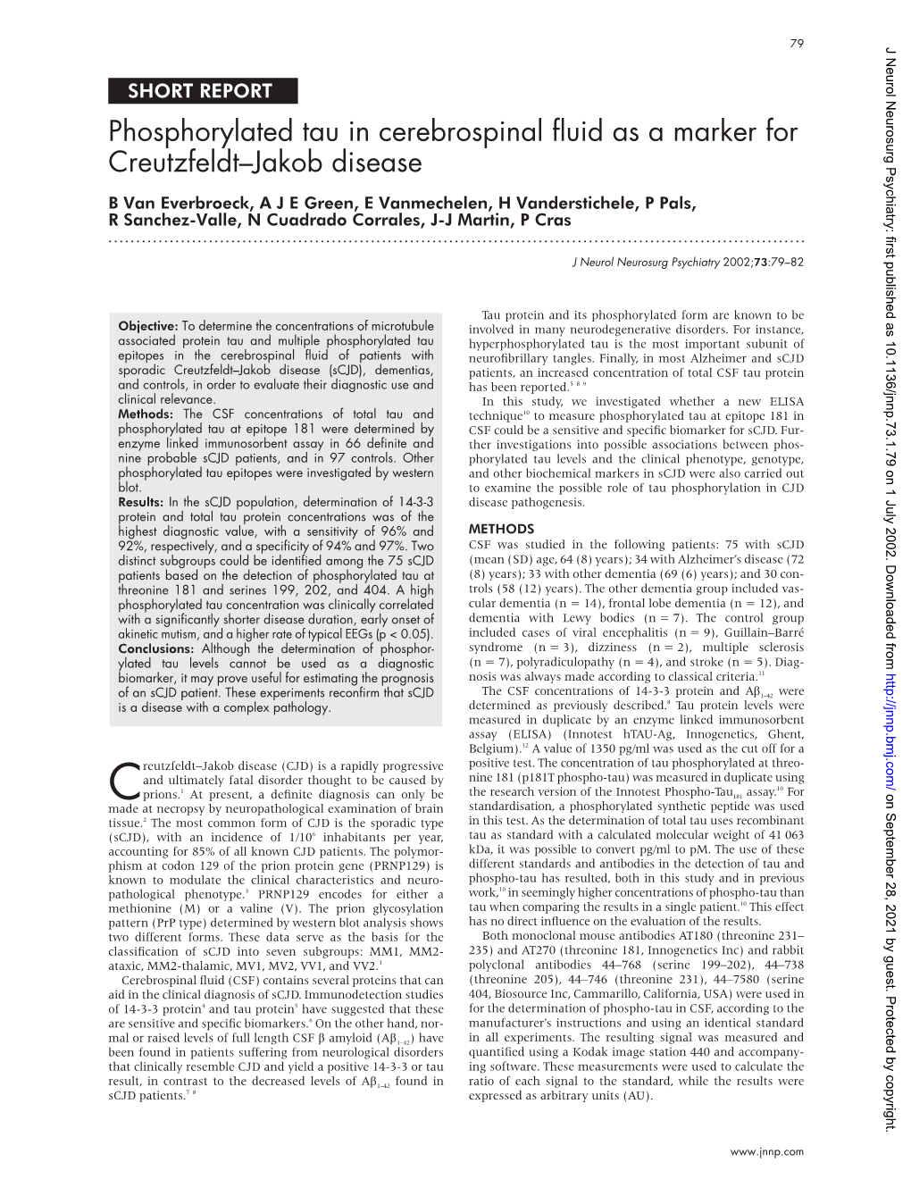Phosphorylated Tau in Cerebrospinal Fluid As a Marker for Creutzfeldt