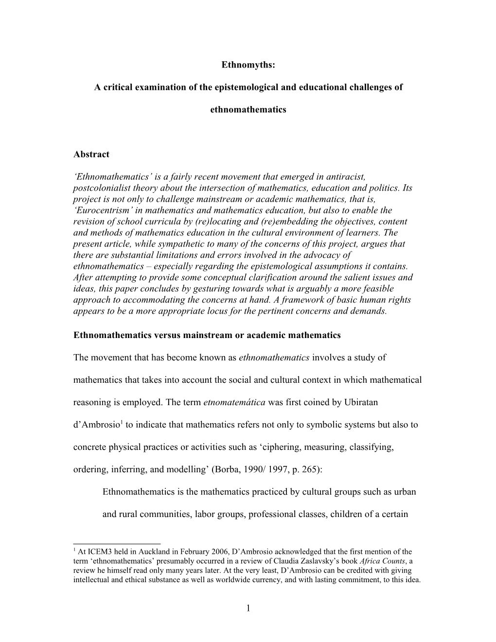 A Critical Examination of the Epistemological and Educational Challenges of Ethnomathematics