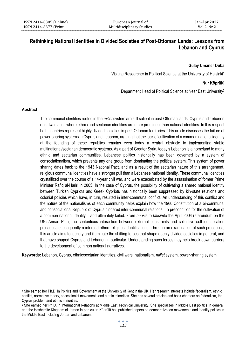 Rethinking National Identities in Divided Societies of Post-Ottoman Lands: Lessons from Lebanon and Cyprus