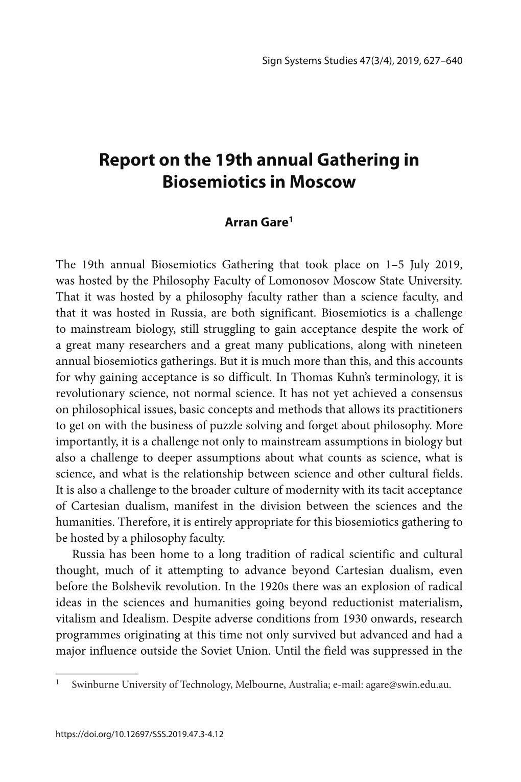 Report on the 19Th Annual Gathering in Biosemiotics in Moscow