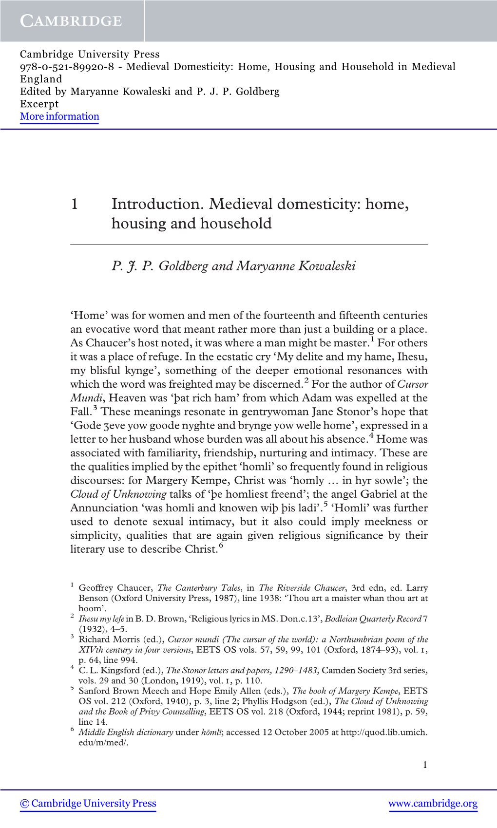 1 Introduction. Medieval Domesticity: Home, Housing and Household