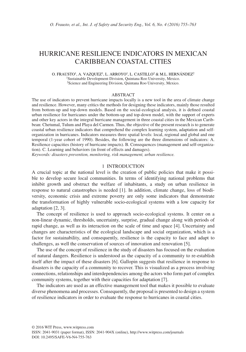 Hurricane Resilience Indicators in Mexican Caribbean Coastal Cities