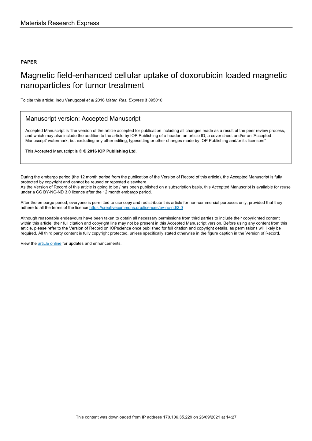 Magnetic Field-Enhanced Cellular Uptake of Doxorubicin Loaded Magnetic Nanoparticles for Tumor Treatment
