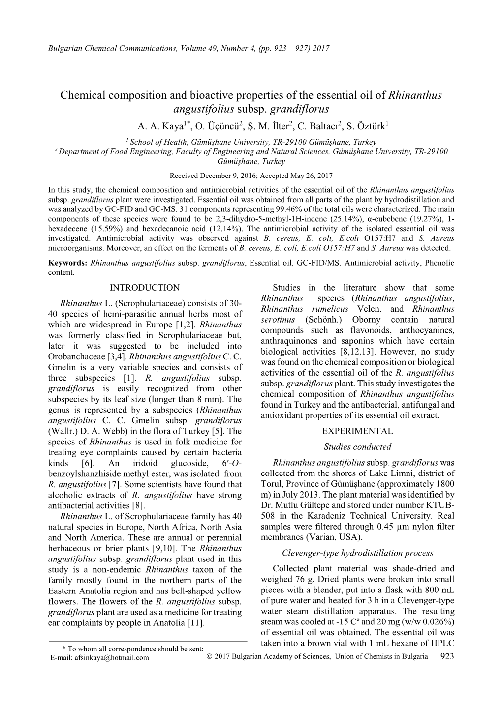 Chemical Composition and Bioactive Properties of the Essential Oil of Rhinanthus Angustifolius Subsp