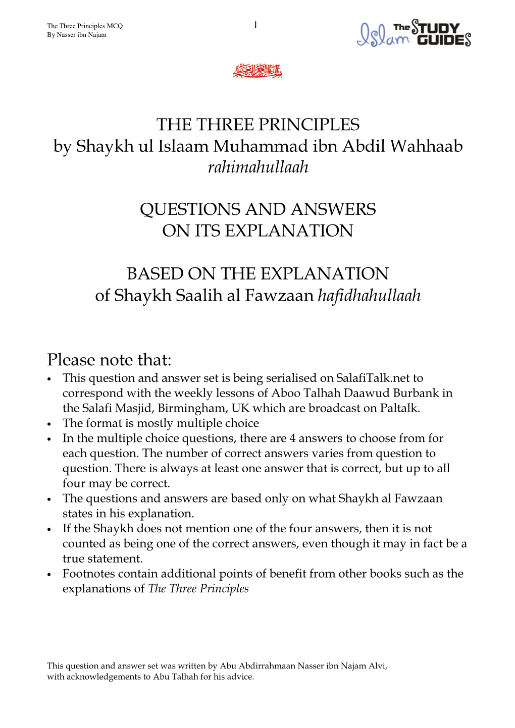 THE THREE PRINCIPLES by Shaykh Ul Islaam Muhammad Ibn Abdil Wahhaab Rahimahullaah