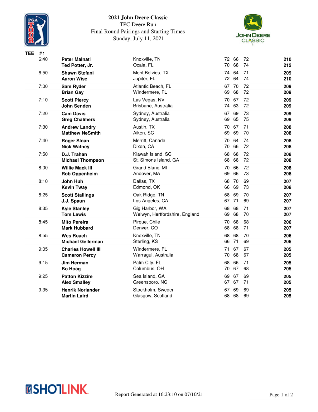 2021 John Deere Classic TPC Deere Run Final Round Pairings and Starting Times Sunday, July 11, 2021