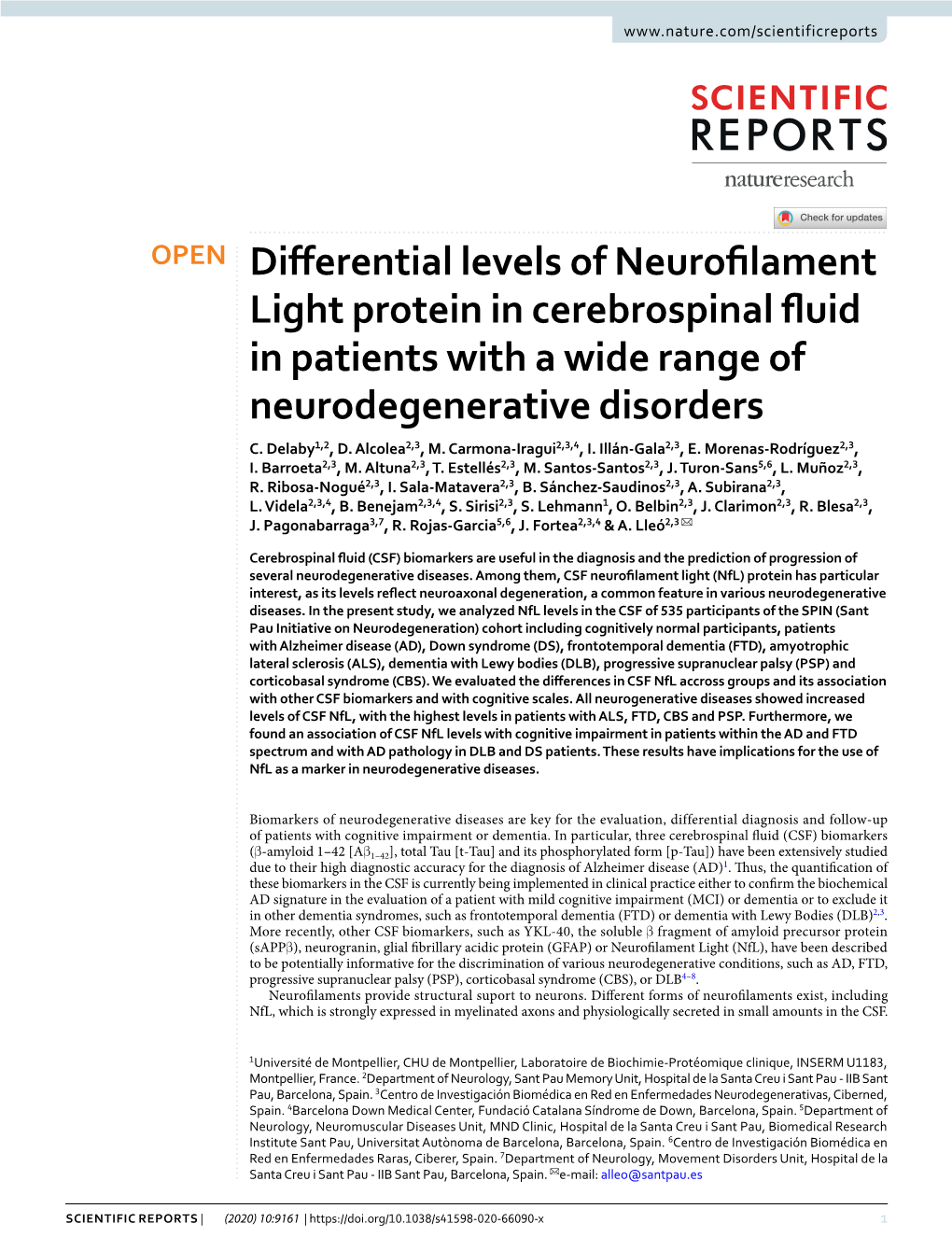 Differential Levels of Neurofilament Light Protein in Cerebrospinal Fluid
