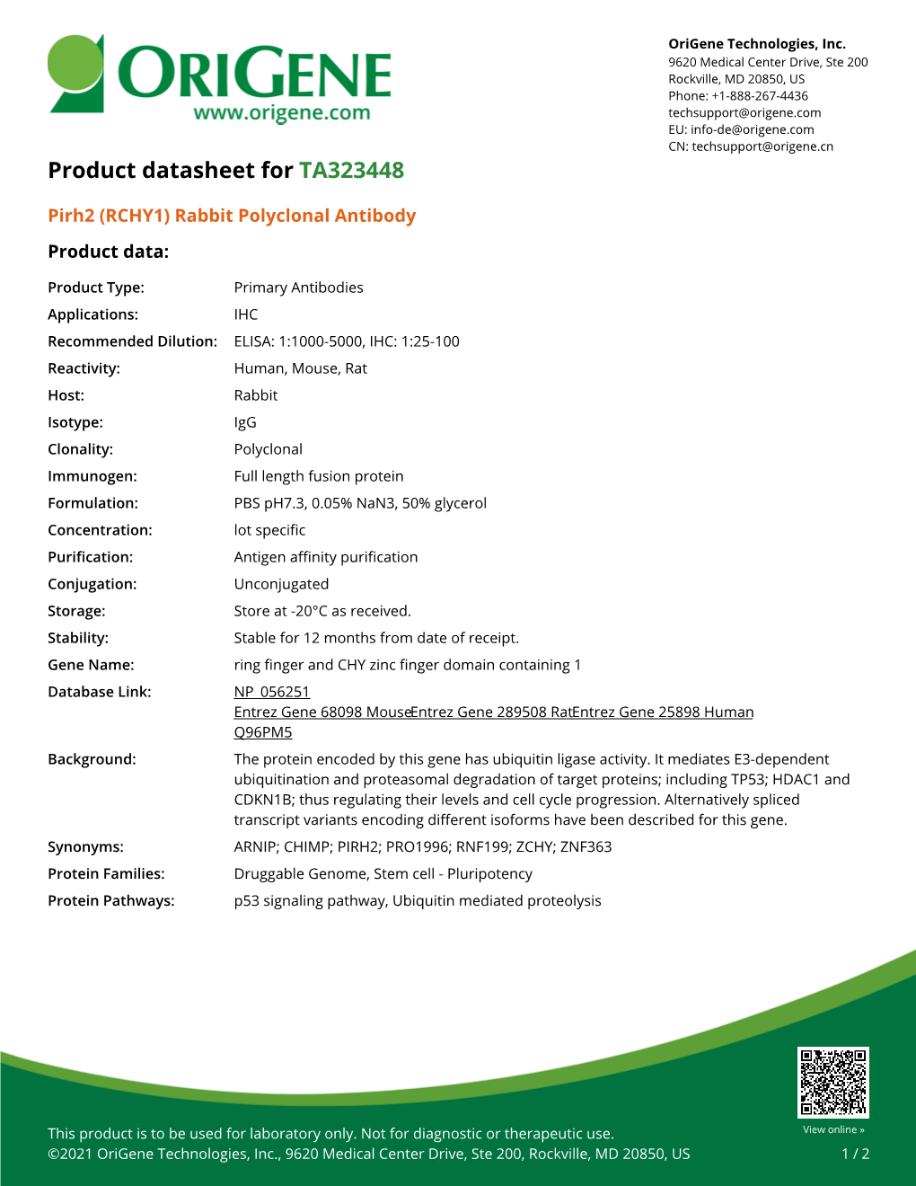 Pirh2 (RCHY1) Rabbit Polyclonal Antibody – TA323448 | Origene