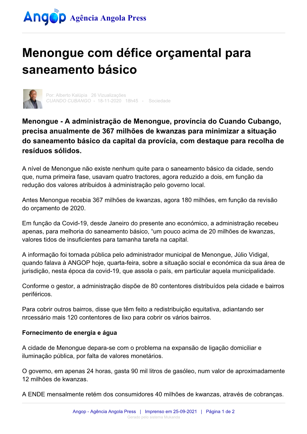 Menongue Com Défice Orçamental Para Saneamento Básico