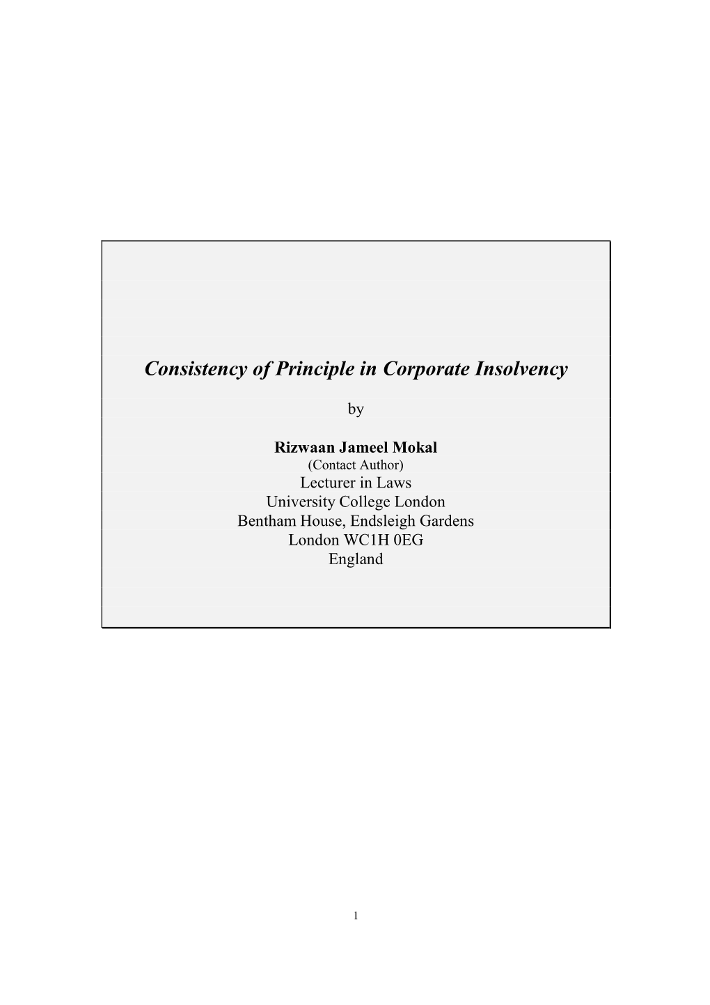 Consistency of Principle in Corporate Insolvency