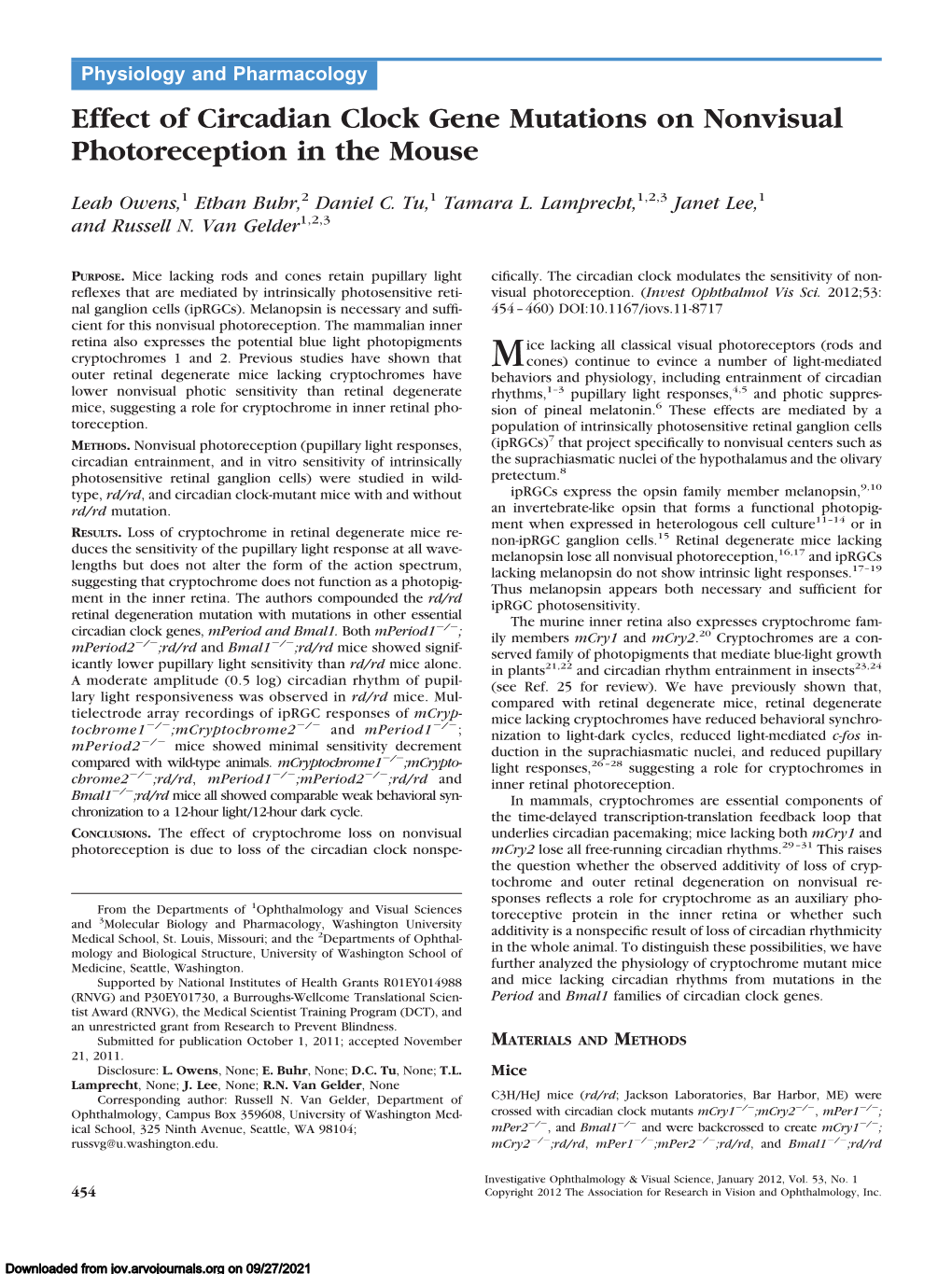 Effect of Circadian Clock Gene Mutations on Nonvisual Photoreception in the Mouse