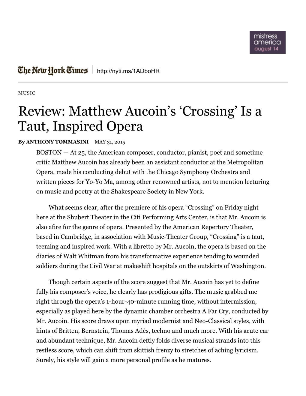 Review: Matthew Aucoin's 'Crossing' Is a Taut, Inspired Opera