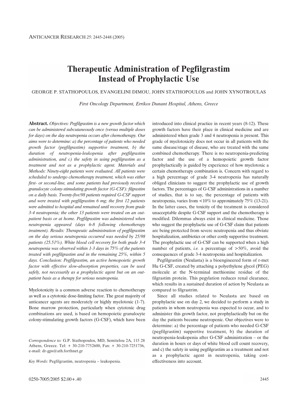 Therapeutic Administration of Pegfilgrastim Instead of Prophylactic Use