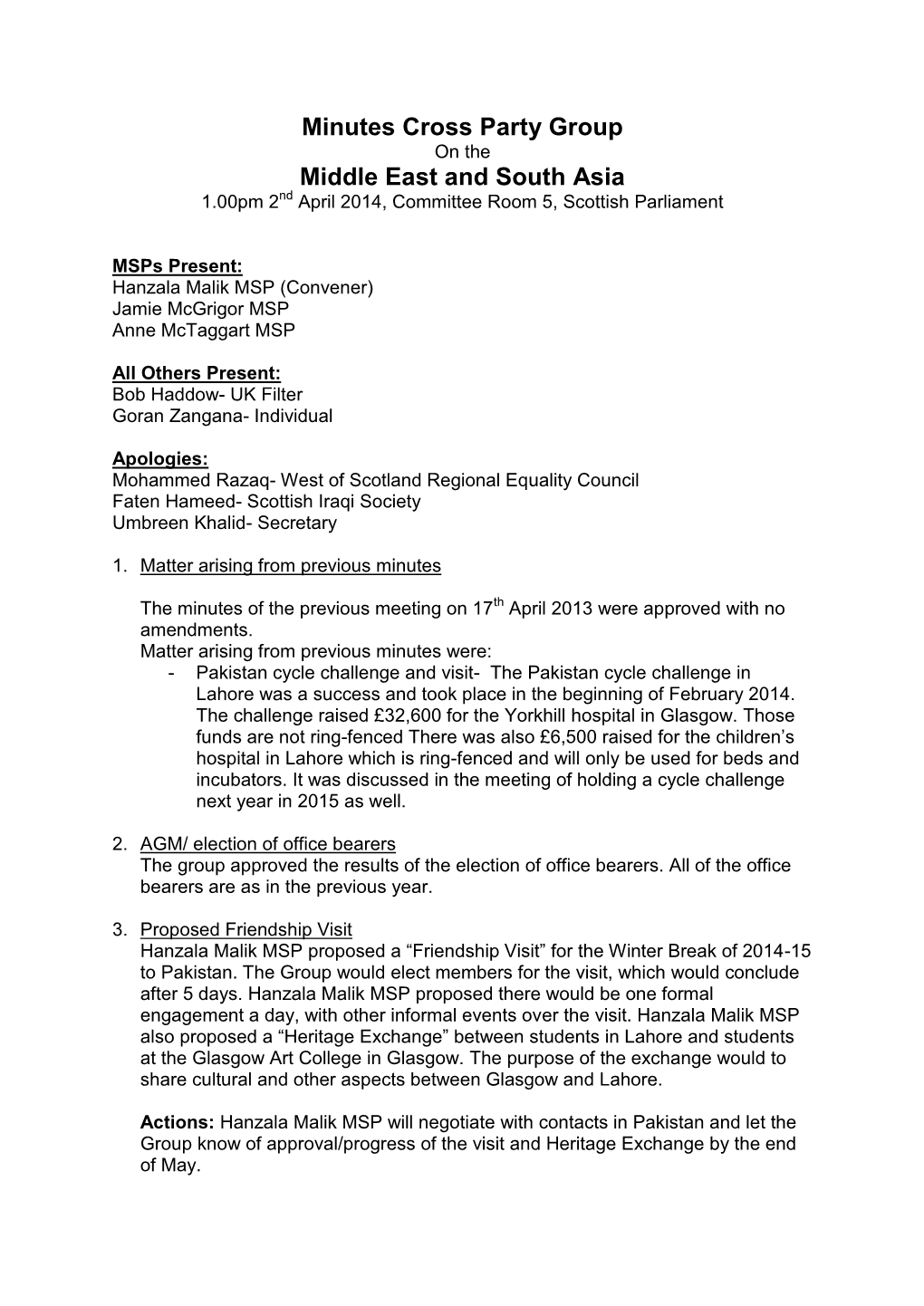 Minutes Cross Party Group Middle East and South Asia