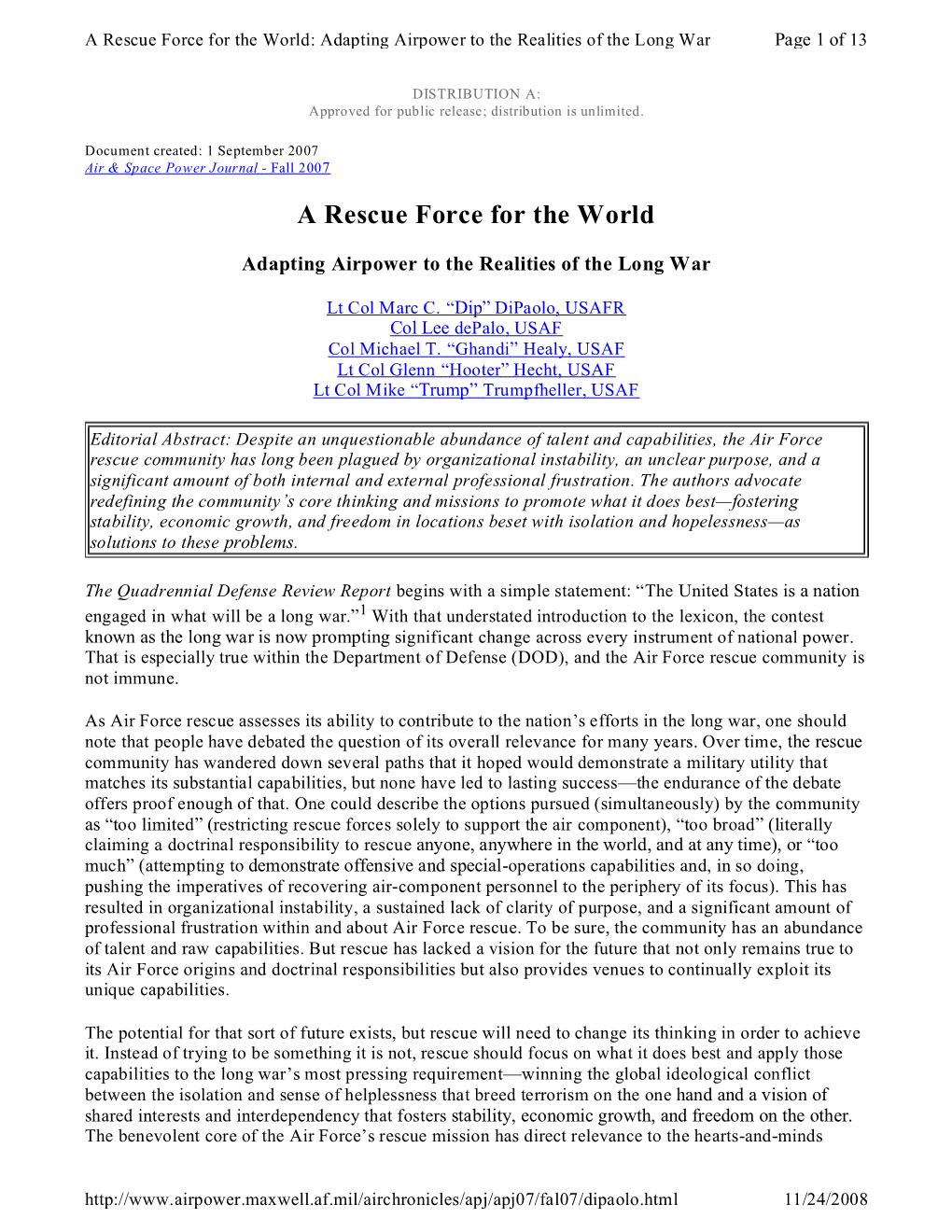 A Rescue Force for the World: Adapting Airpower to the Realities of the Long War Page 1 of 13