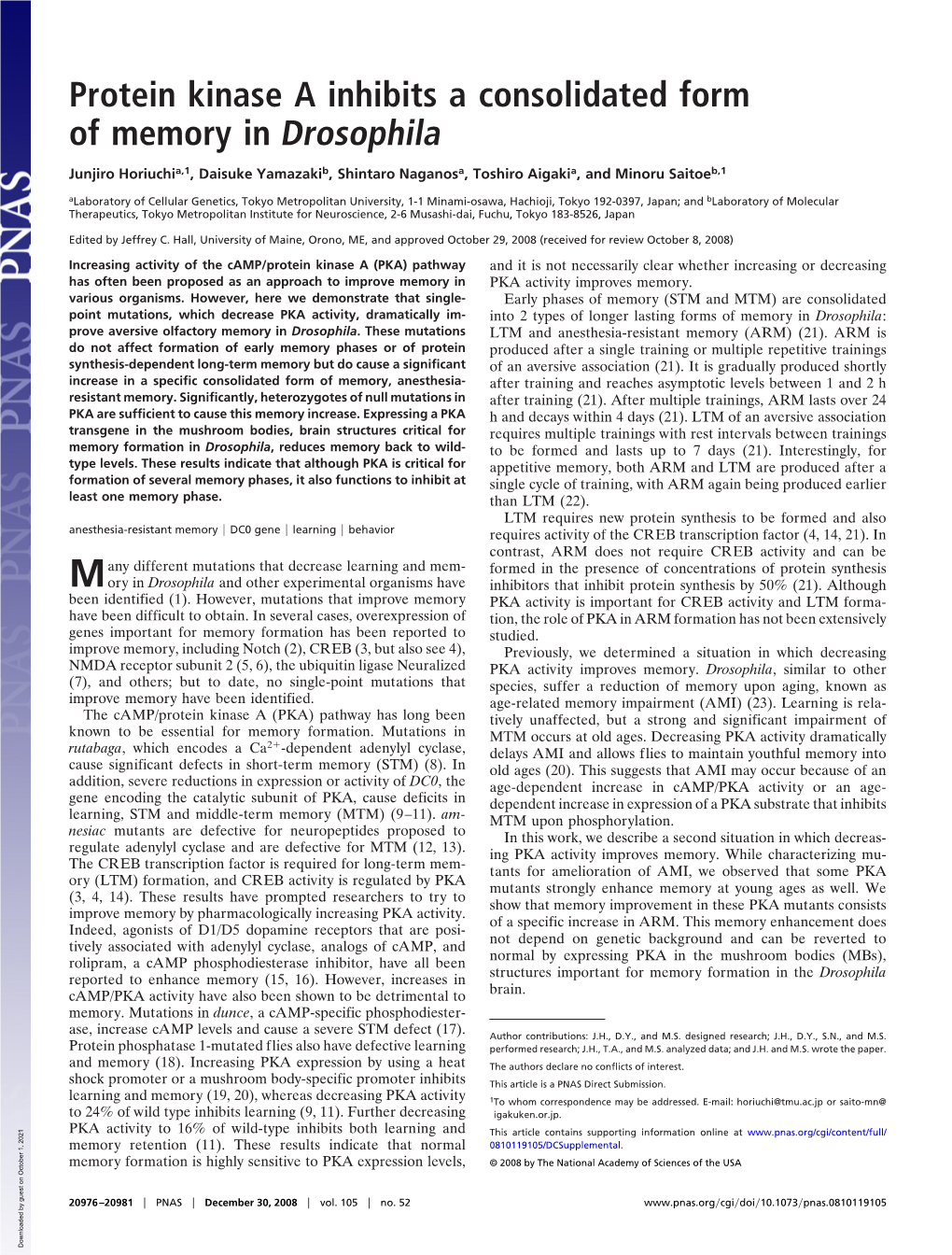 Protein Kinase a Inhibits a Consolidated Form of Memory in Drosophila