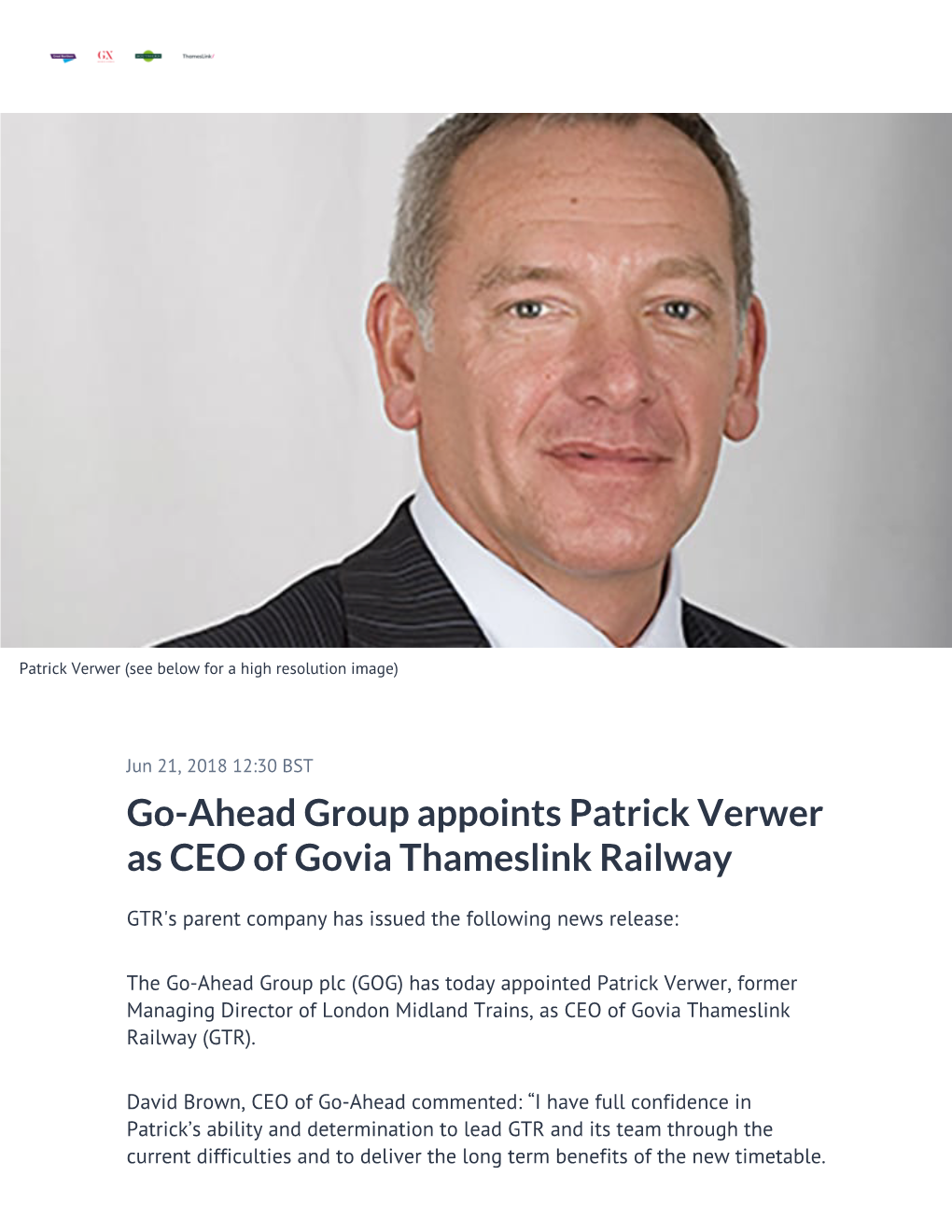 ​Go-Ahead Group Appoints Patrick Verwer As CEO of Govia