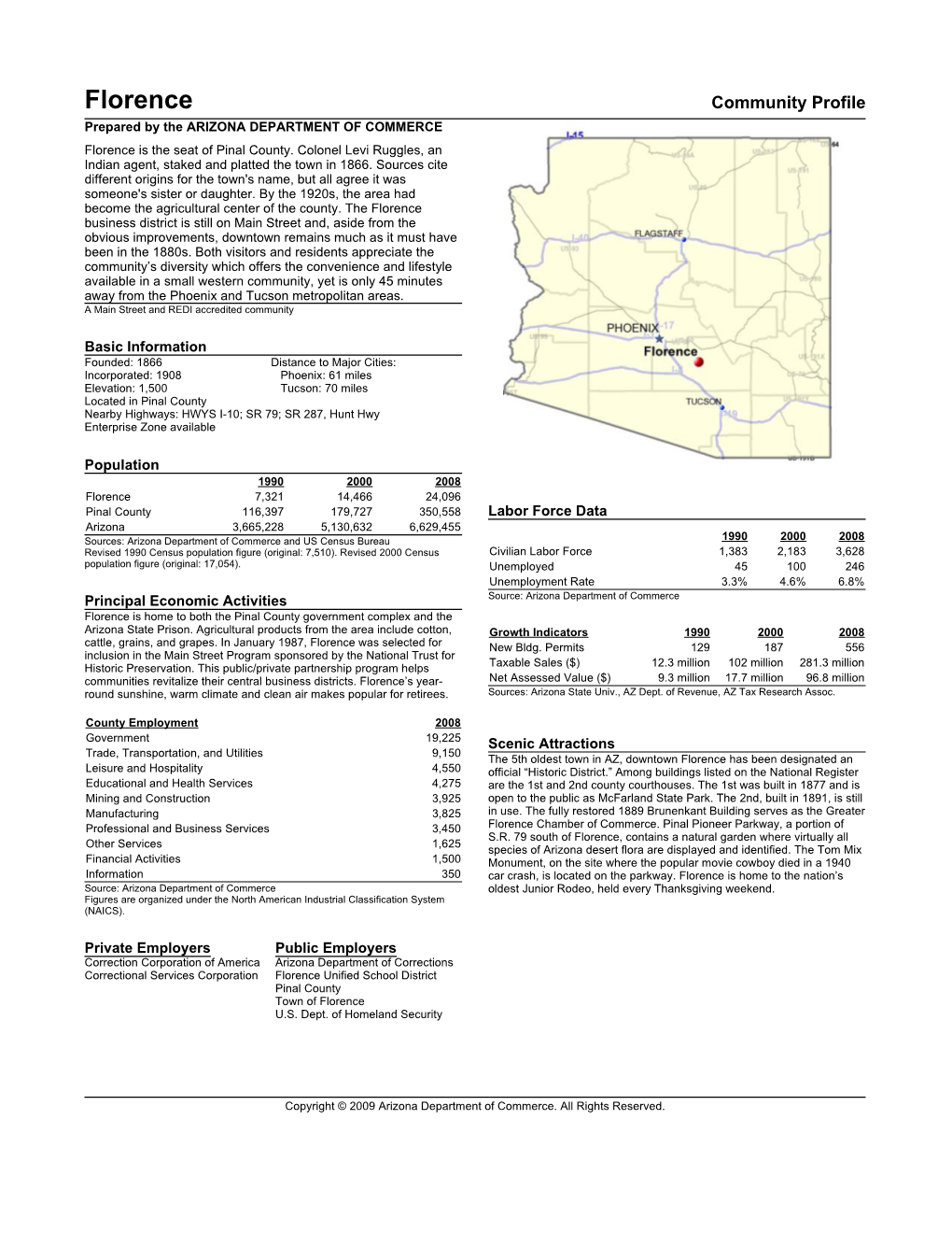 Florence Community Profile Prepared by the ARIZONA DEPARTMENT of COMMERCE Florence Is the Seat of Pinal County