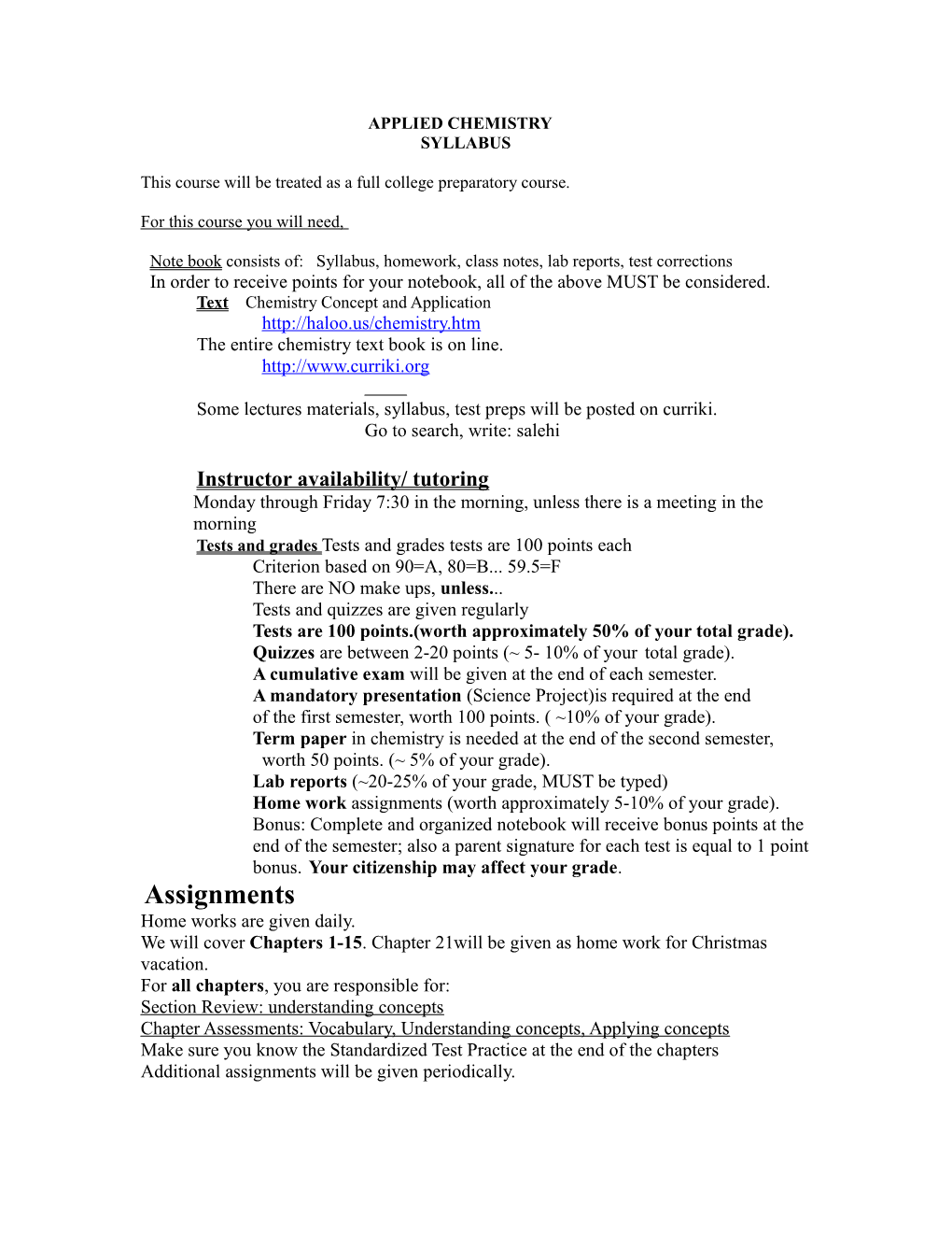 Applied Chemistry Syllabus