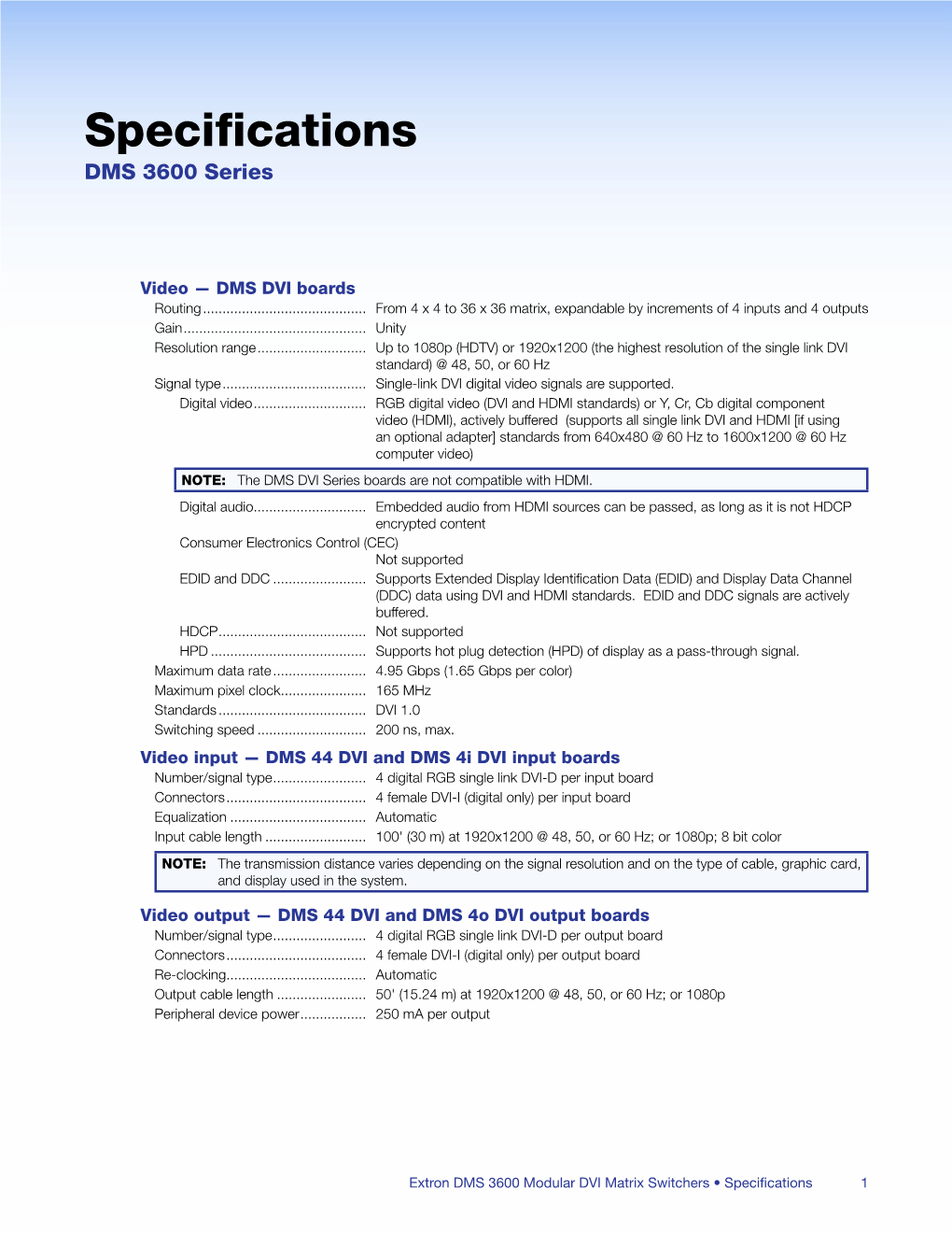 Extron DMS 3600 Modular DVI Matrix Switchers Specifications