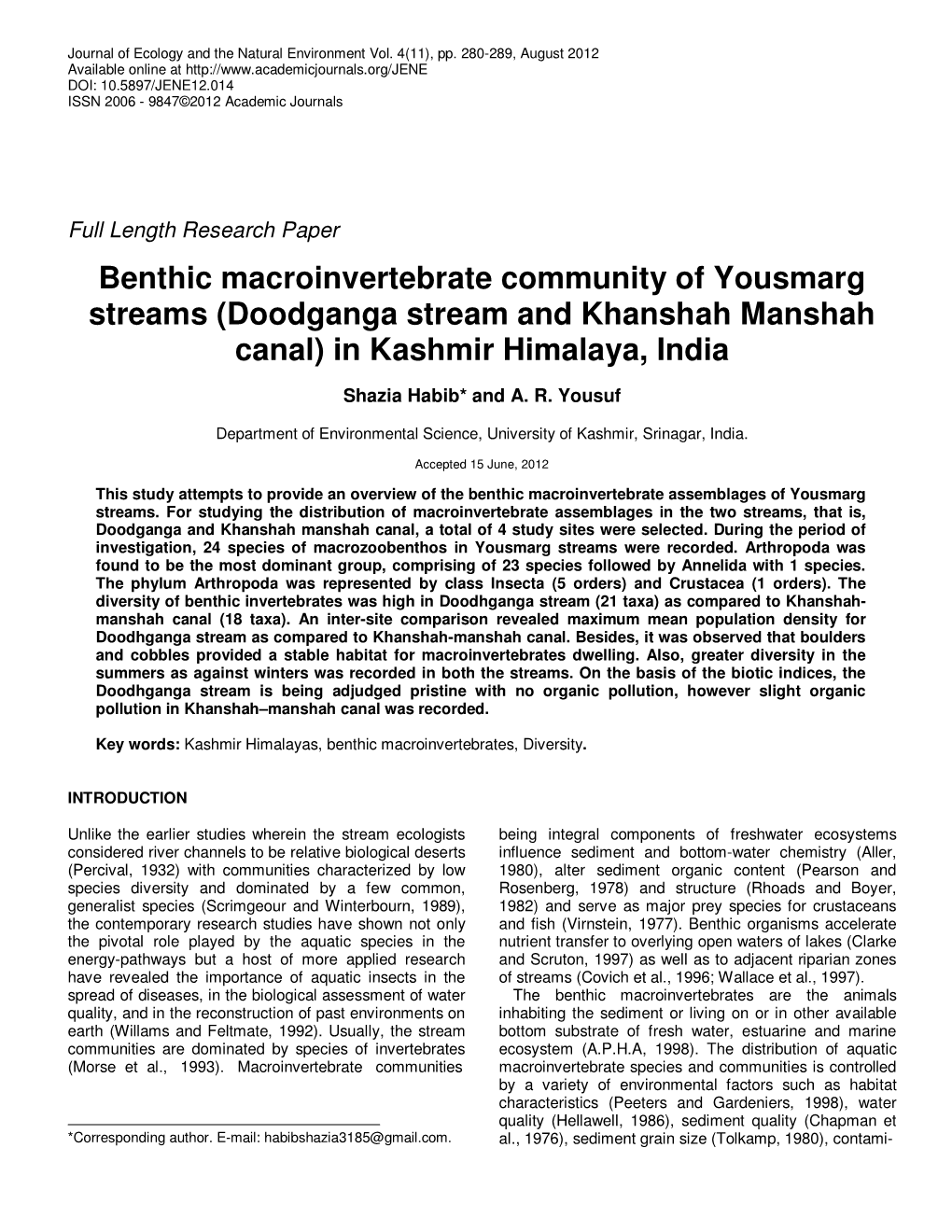 Doodganga Stream and Khanshah Manshah Canal) in Kashmir Himalaya, India