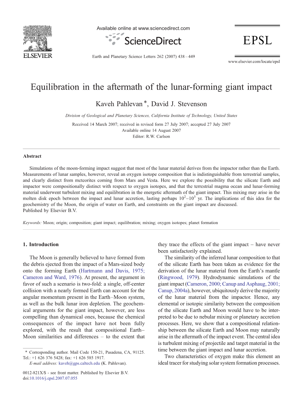 Equilibration in the Aftermath of the Lunar-Forming Giant Impact ⁎ Kaveh Pahlevan , David J