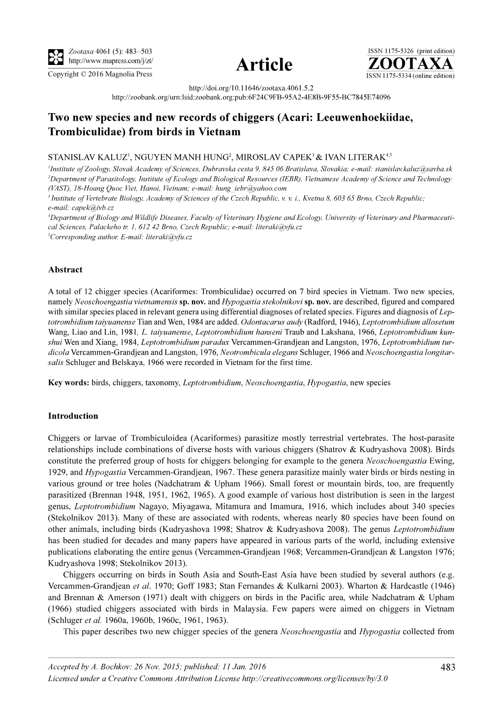 Two New Species and New Records of Chiggers (Acari: Leeuwenhoekiidae, Trombiculidae) from Birds in Vietnam