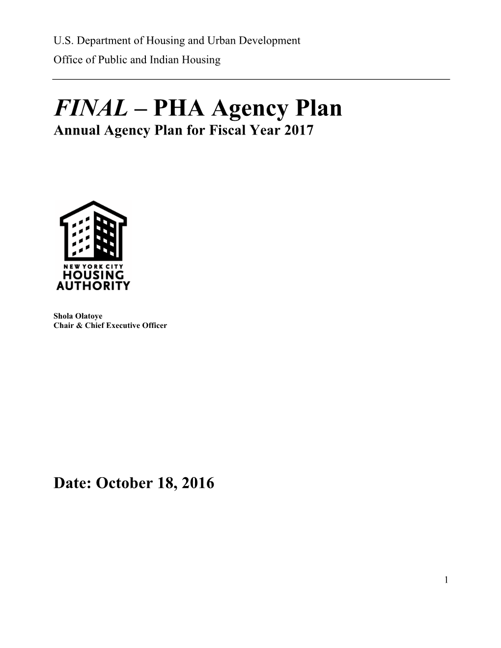 FINAL – PHA Agency Plan Annual Agency Plan for Fiscal Year 2017