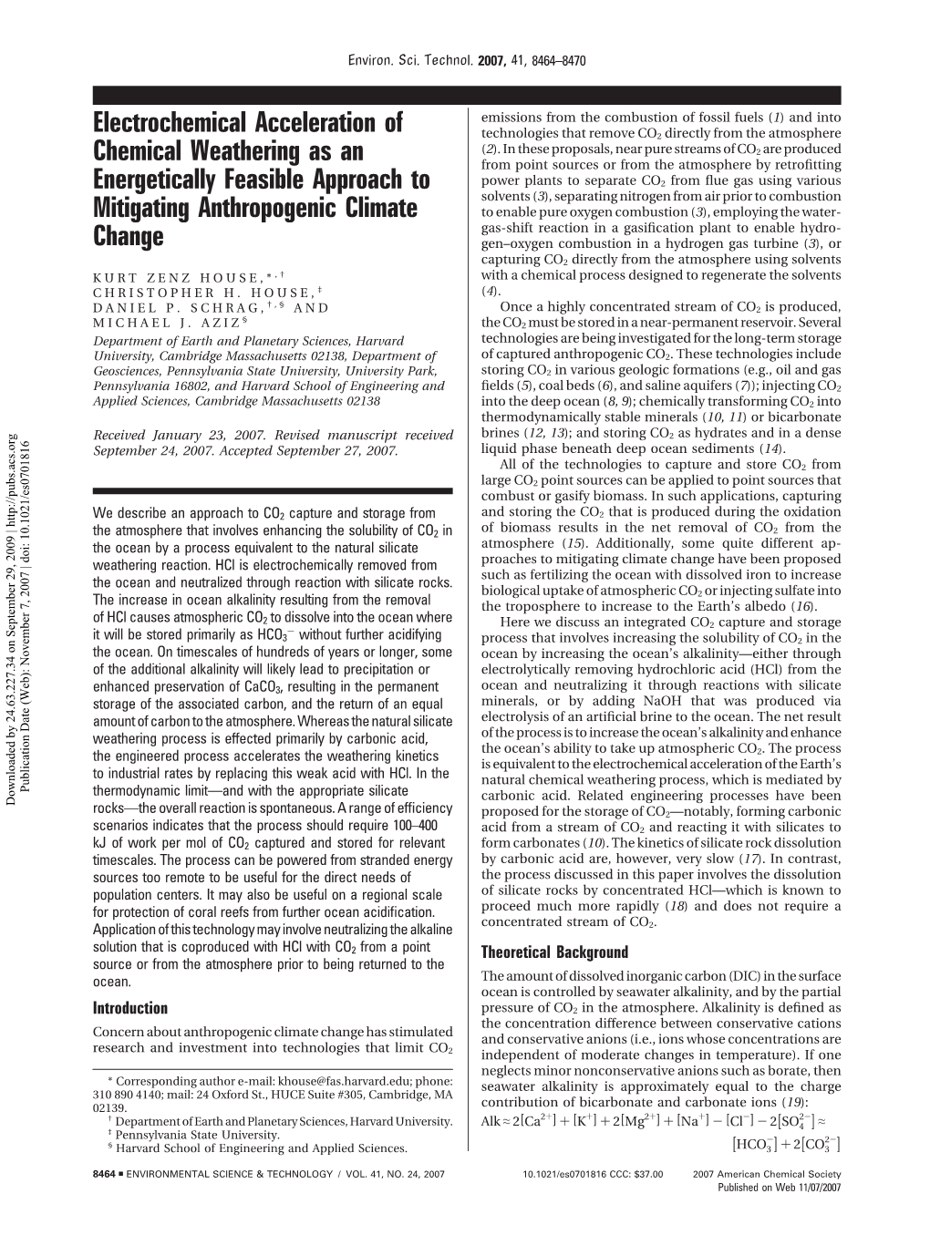 Electrochemical Acceleration of Chemical Weathering As an Energetically Feasible Approach to Mitigating Anthropogenic Climate Ch