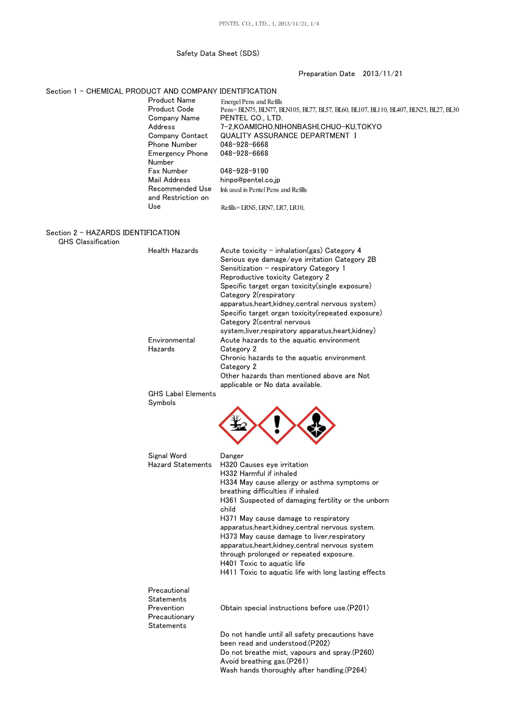 Energel MSDS Multiple Products All Colors