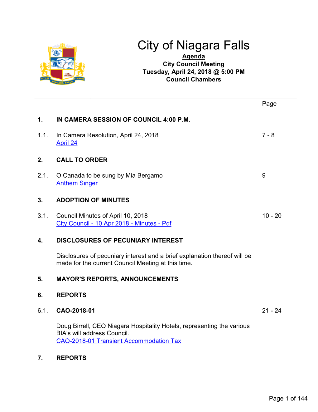 City Council Meeting Tuesday, April 24, 2018 @ 5:00 PM Council Chambers