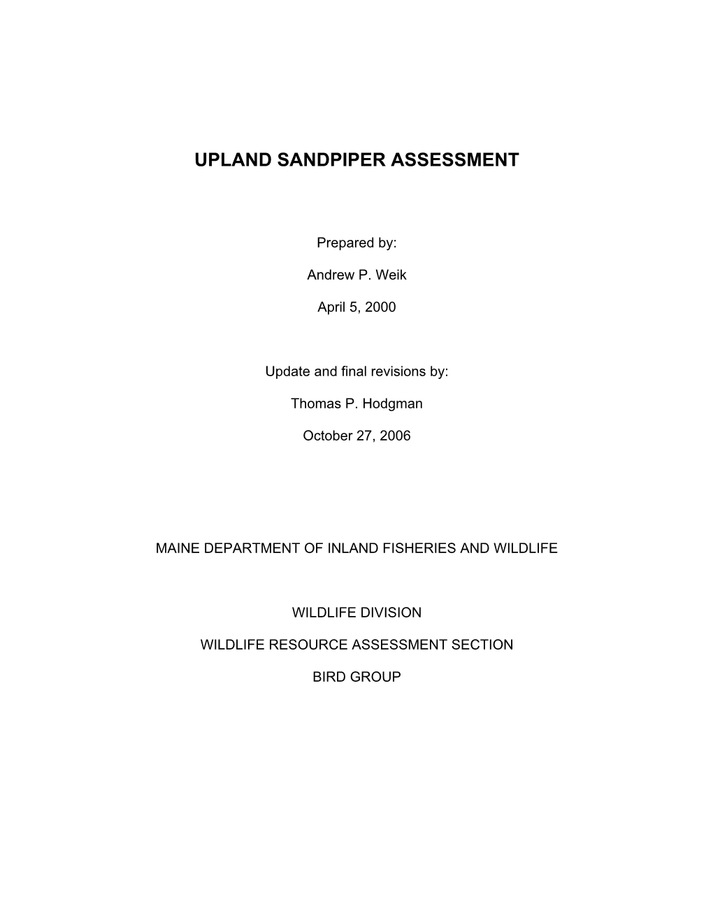 Upland Sandpiper Species Assessment