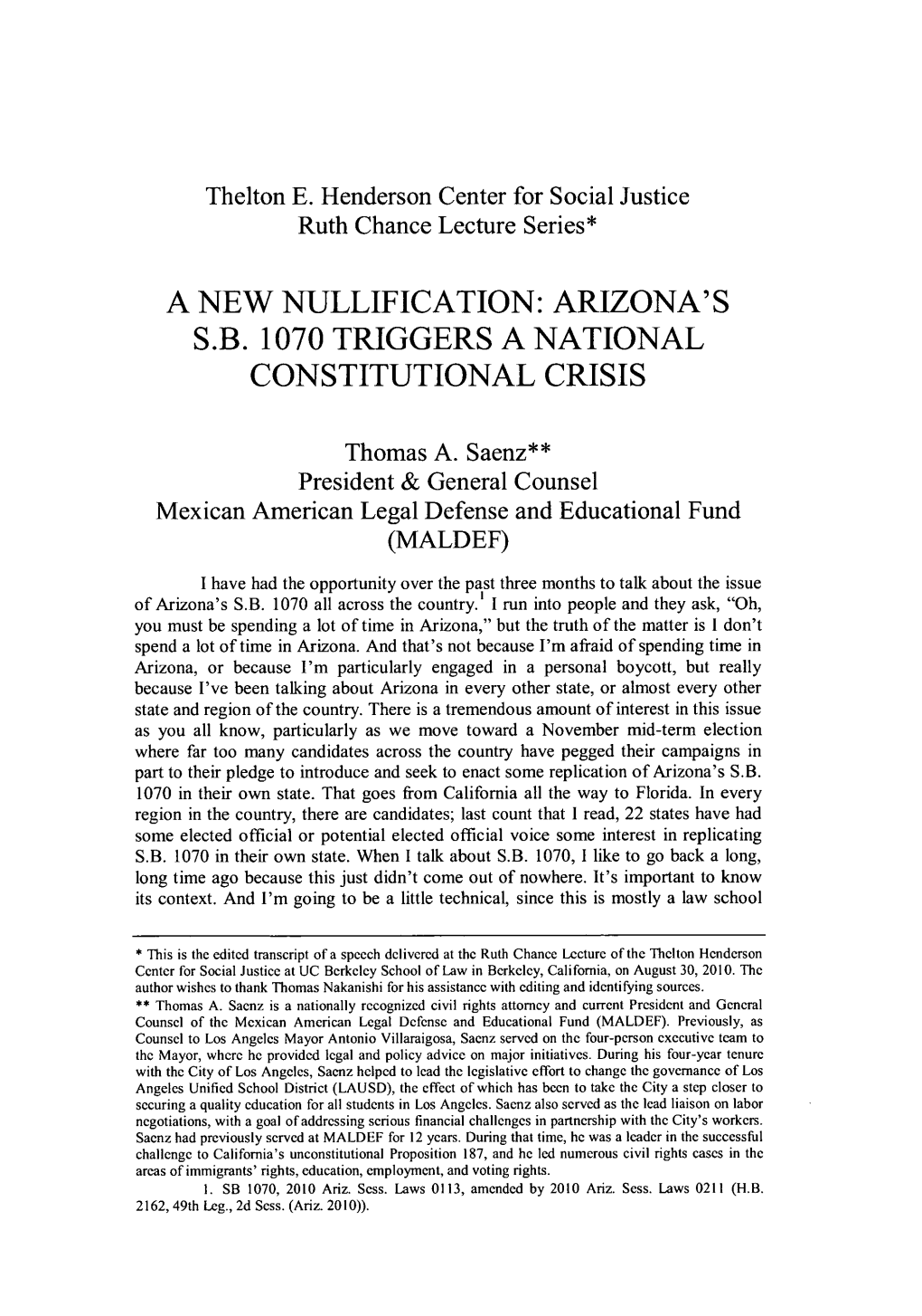 Arizona's Sb 1070 Triggers a National Constitutional