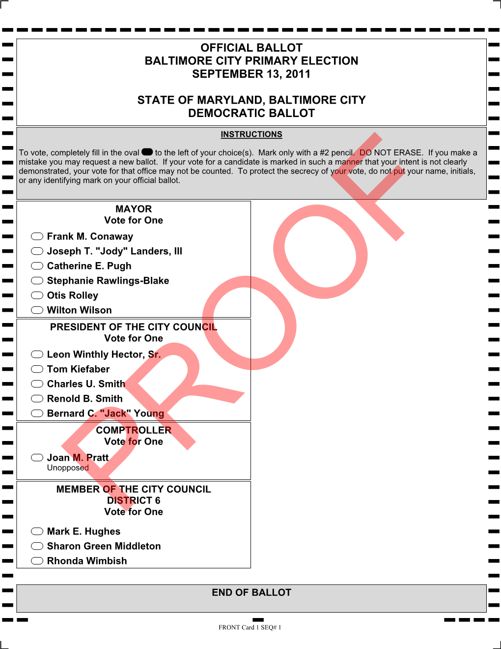 Sample Ballot Proofs for the 2011 Baltimore City Mayoral Primary