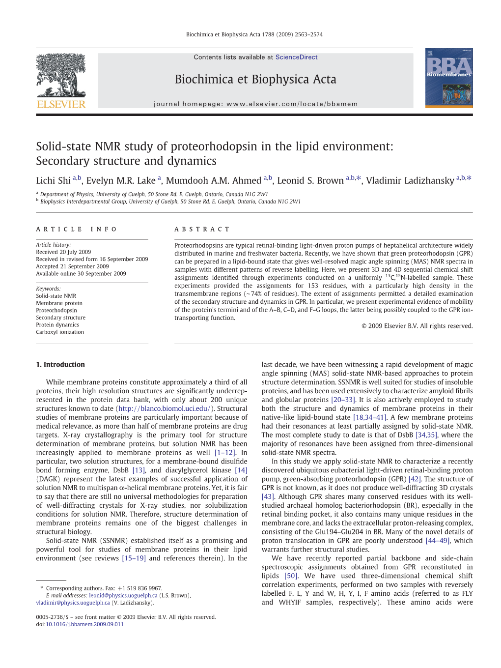 Solid-State NMR Study of Proteorhodopsin in the Lipid Environment: Secondary Structure and Dynamics