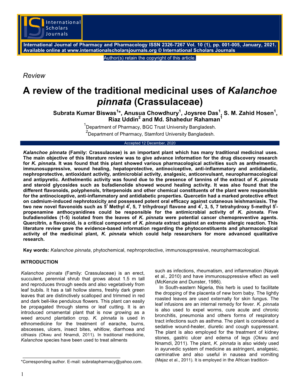 A Review of the Traditional Medicinal Uses of Kalanchoe Pinnata (Crassulaceae)