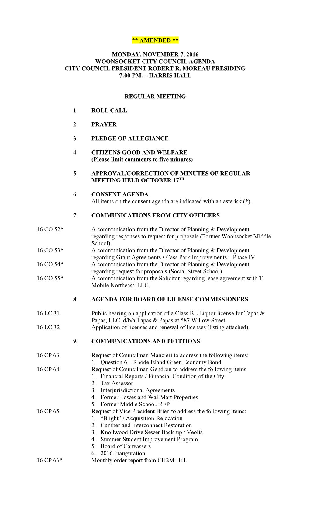 Woonsocket City Council Agenda