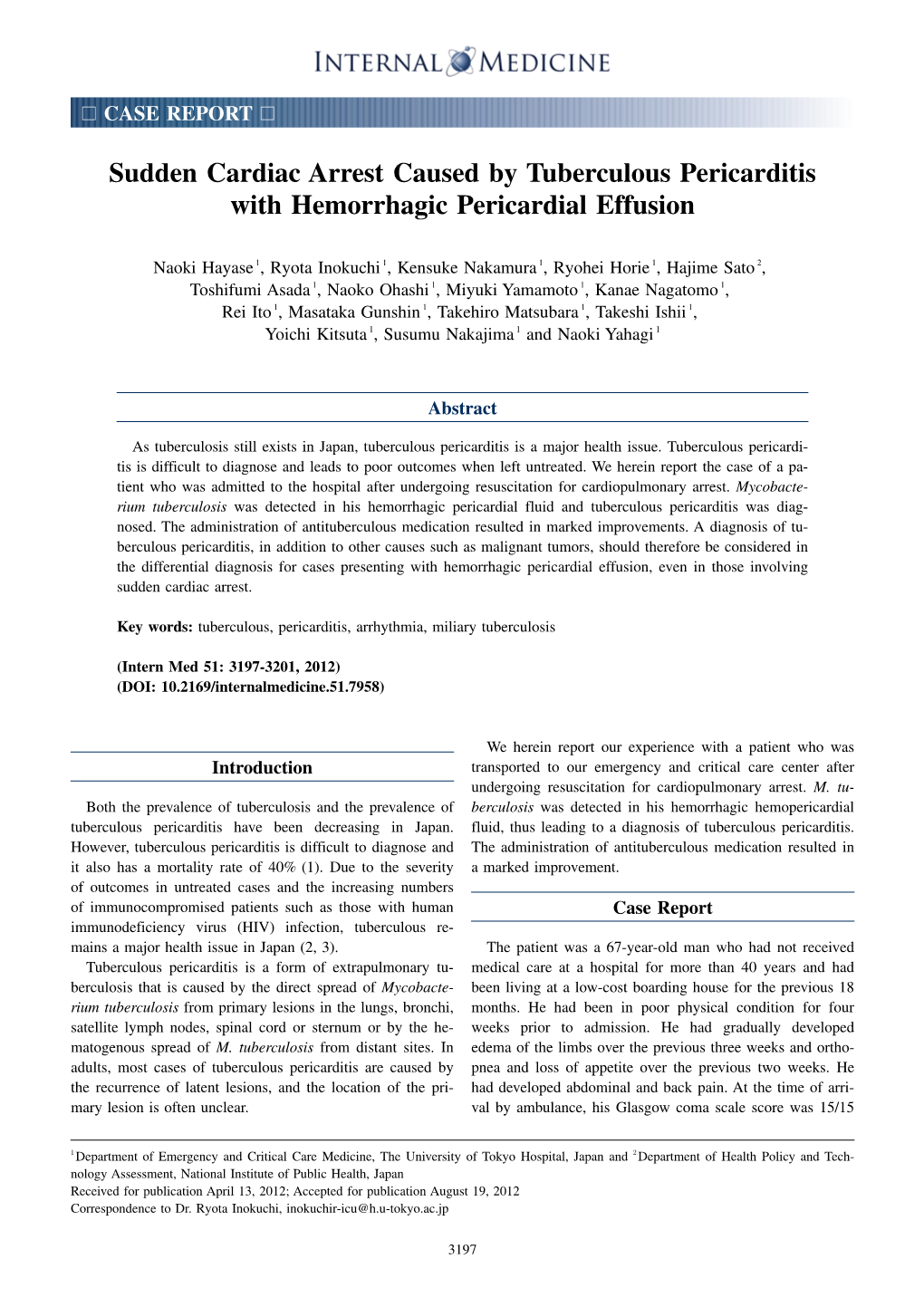 Sudden Cardiac Arrest Caused by Tuberculous Pericarditis with Hemorrhagic Pericardial Effusion