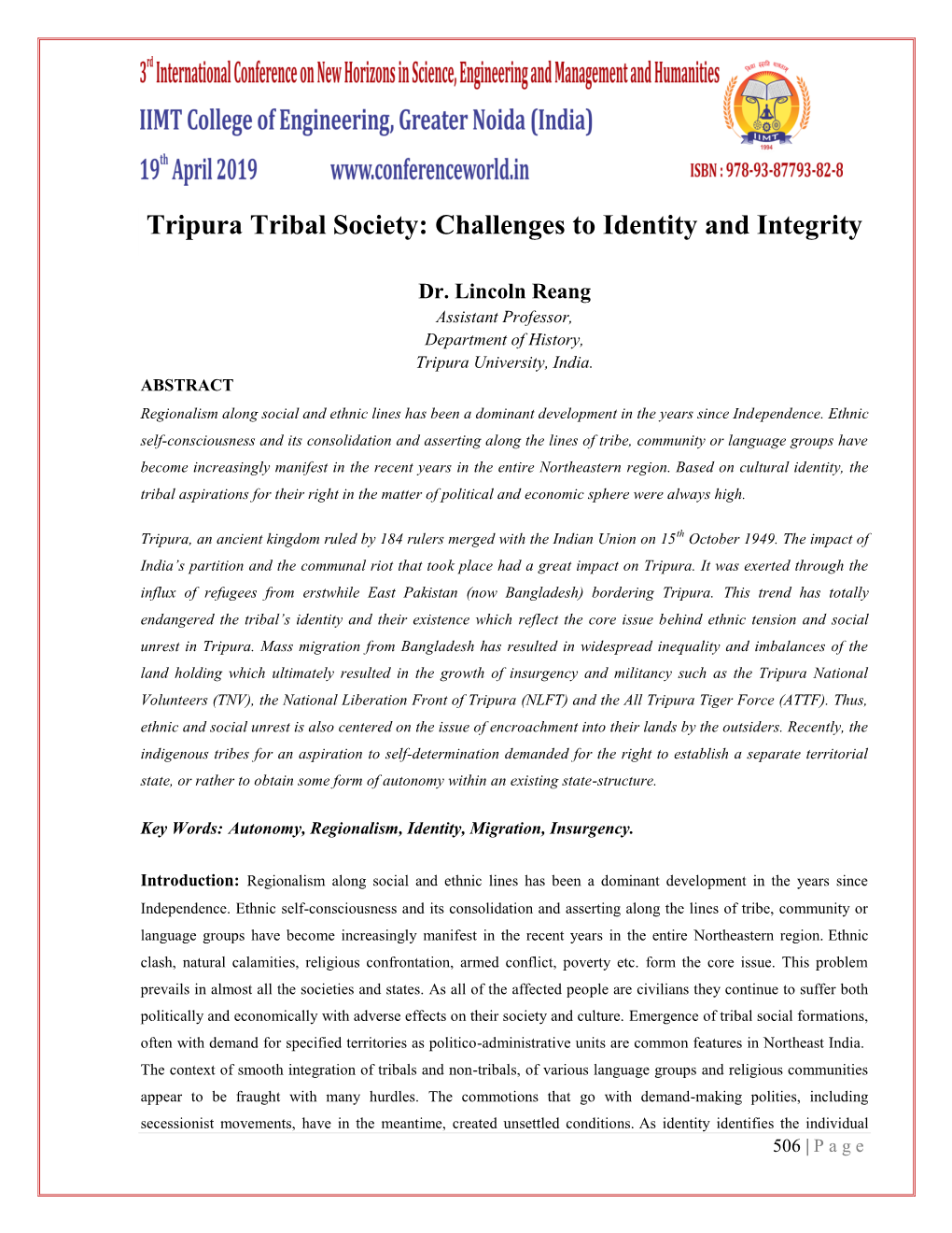 Tripura Tribal Society: Challenges to Identity and Integrity