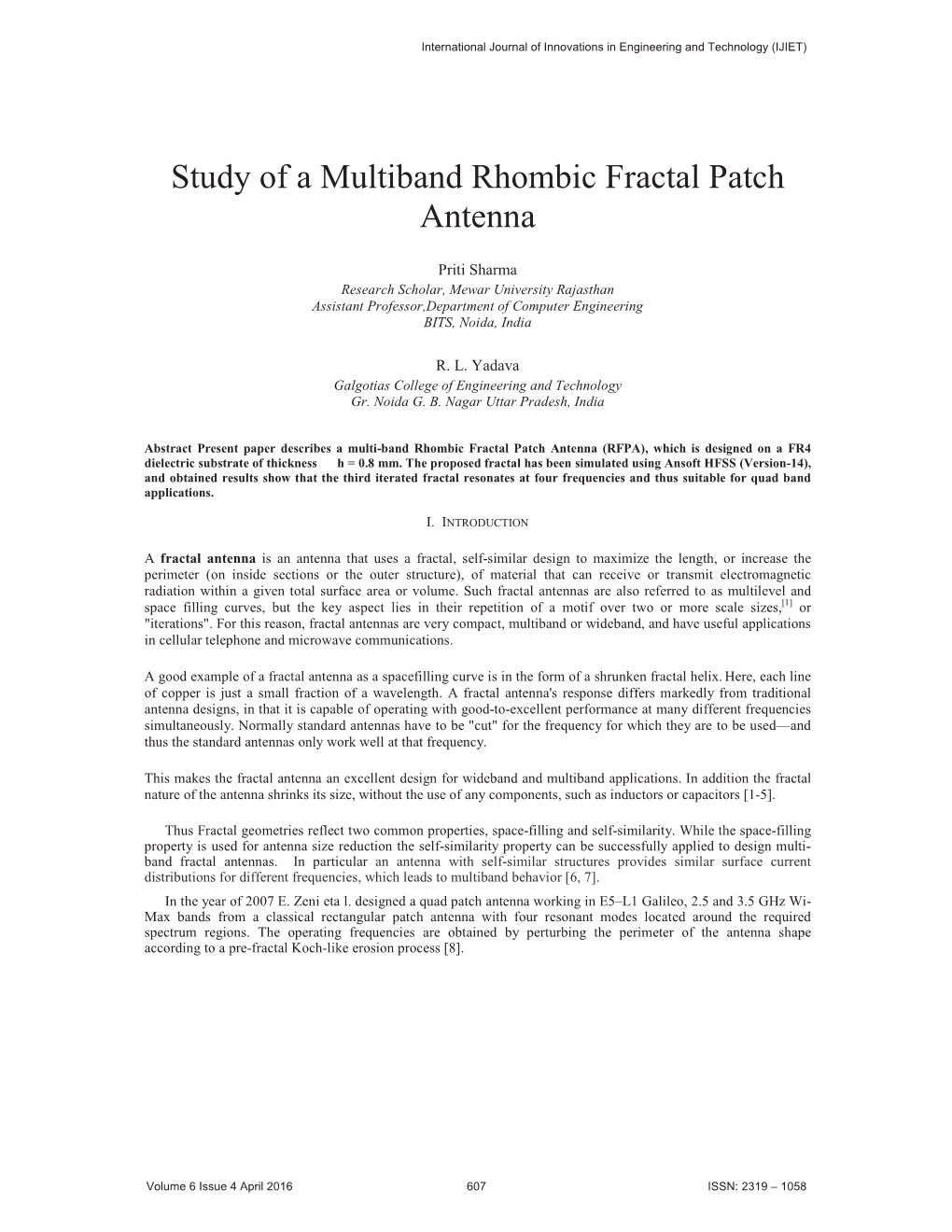 Study of a Multiband Rhombic Fractal Patch Antenna