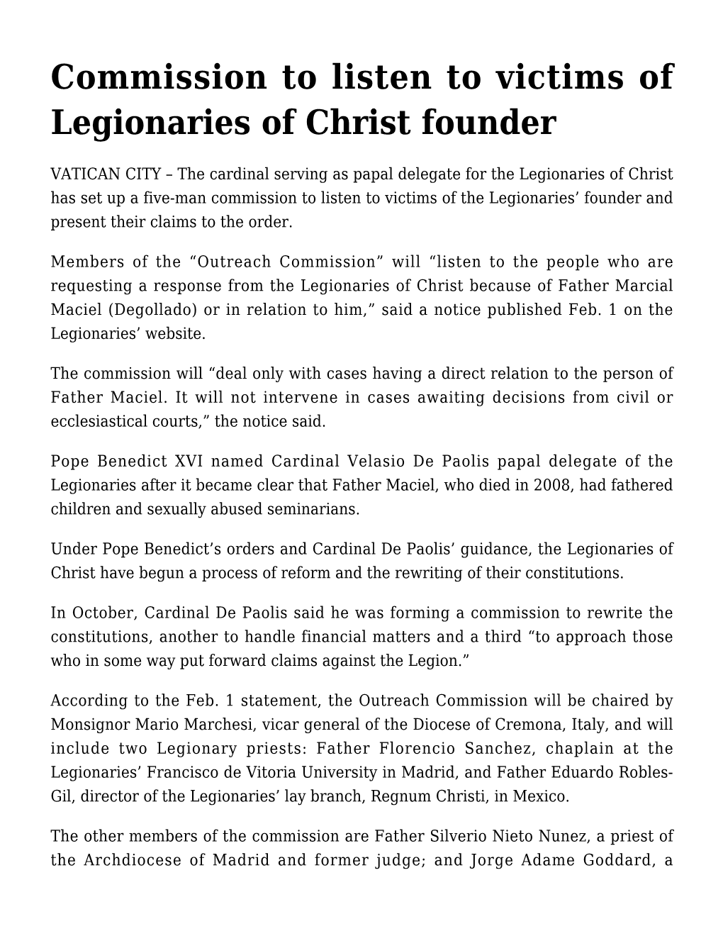 Commission to Listen to Victims of Legionaries of Christ Founder