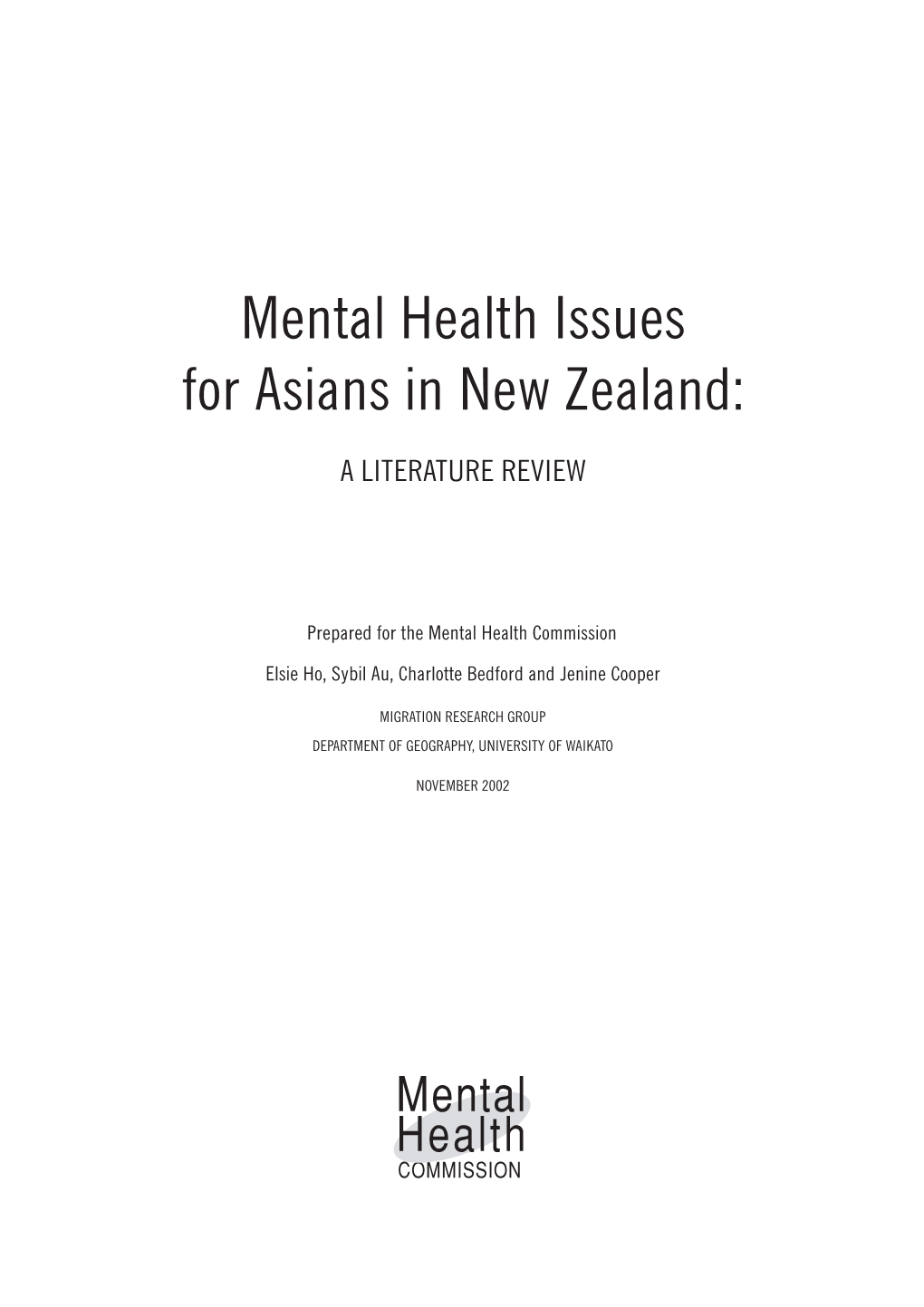 Mental Health Issues for Asians in New Zealand: a Literature Review Foreword