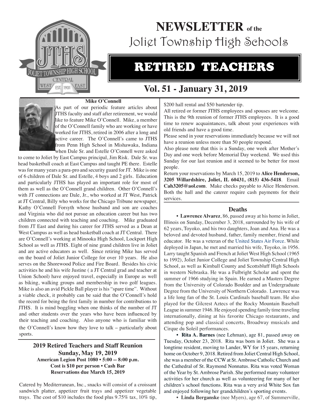 NEWSLETTER of the Joliet Township High Schools RETIRED TEACHERS