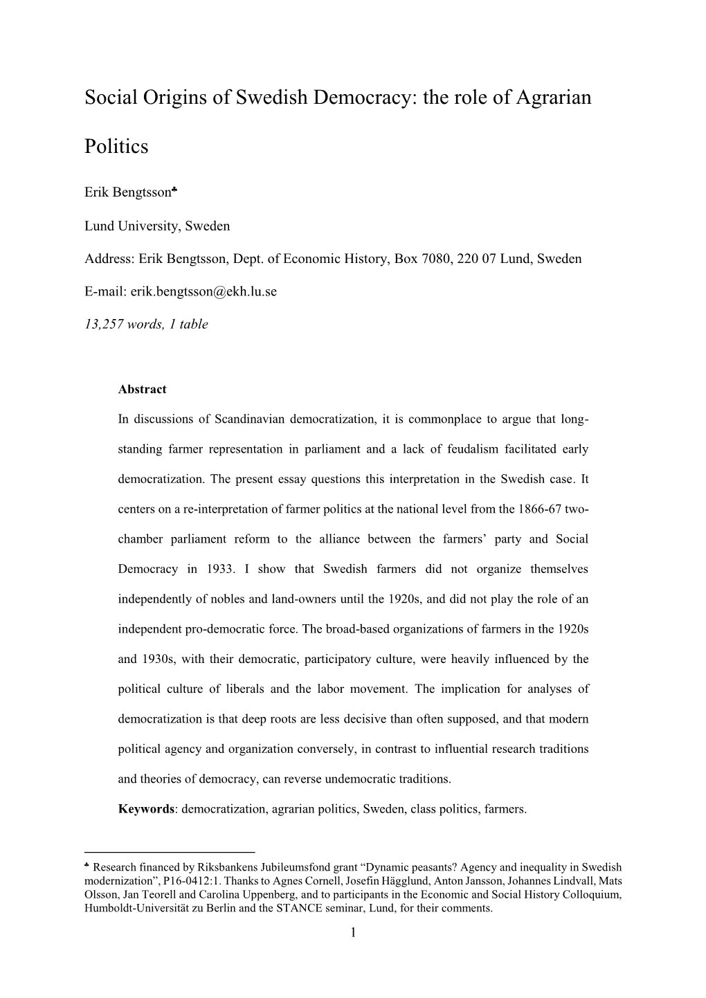 Social Origins of Swedish Democracy: the Role of Agrarian