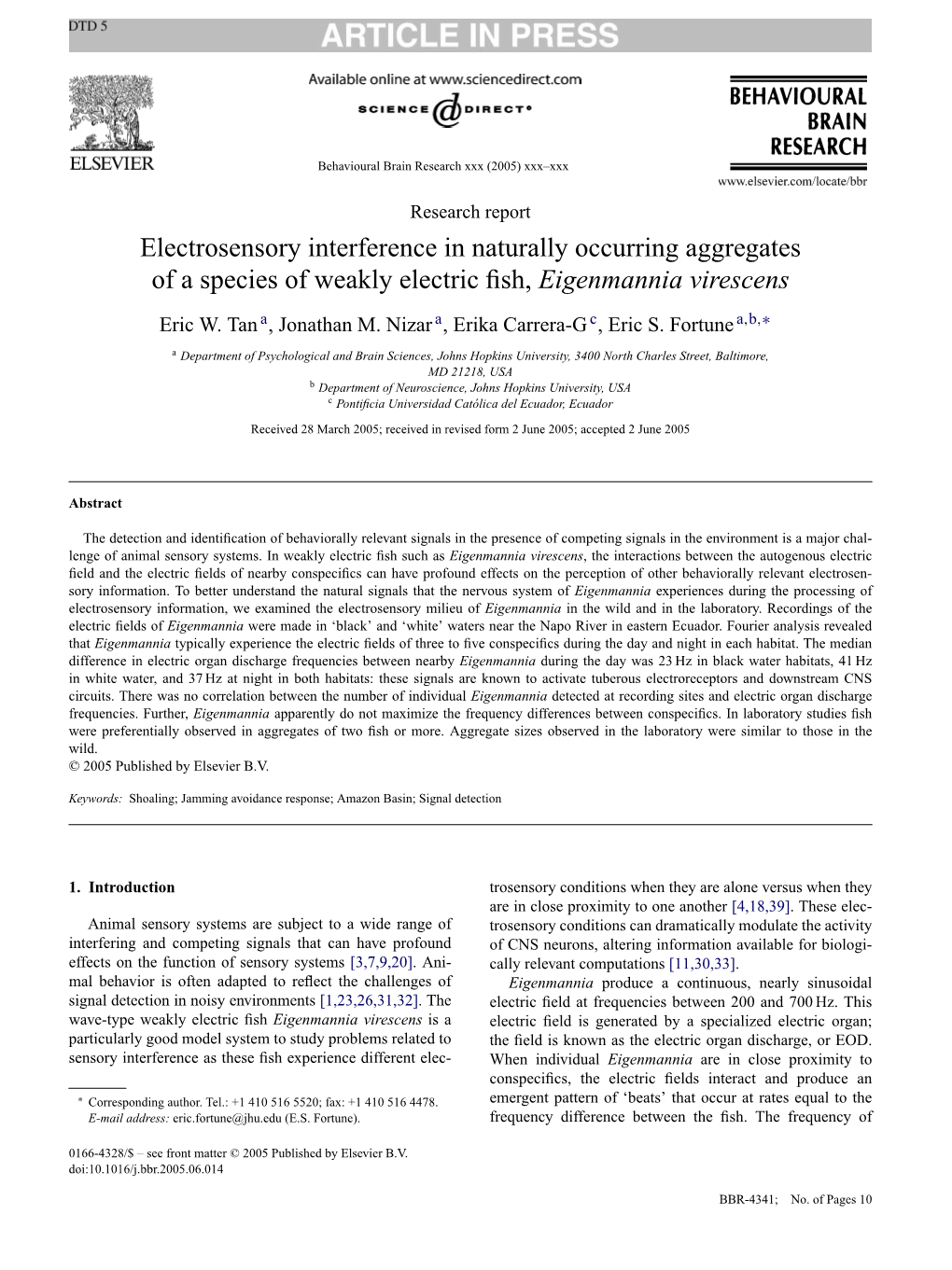 Electrosensory Interference in Naturally Occurring Aggregates of a Species of Weakly Electric ﬁsh, Eigenmannia Virescens