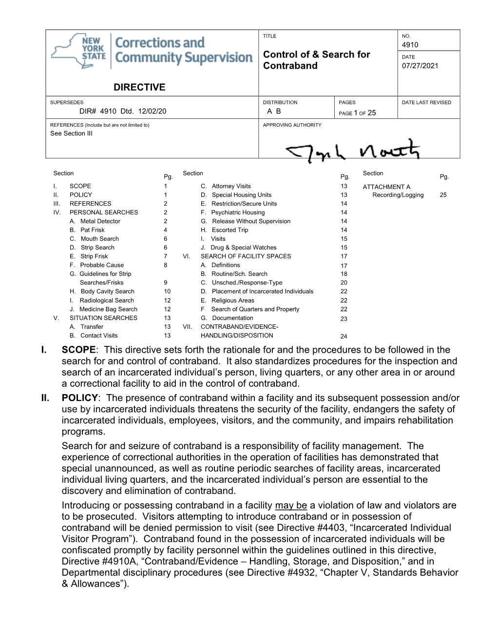 DIRECTIVE Control of & Search for Contraband I. SCOPE