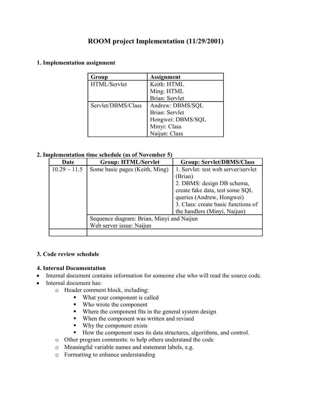 ROOM Project Implementation (11/29/2001)