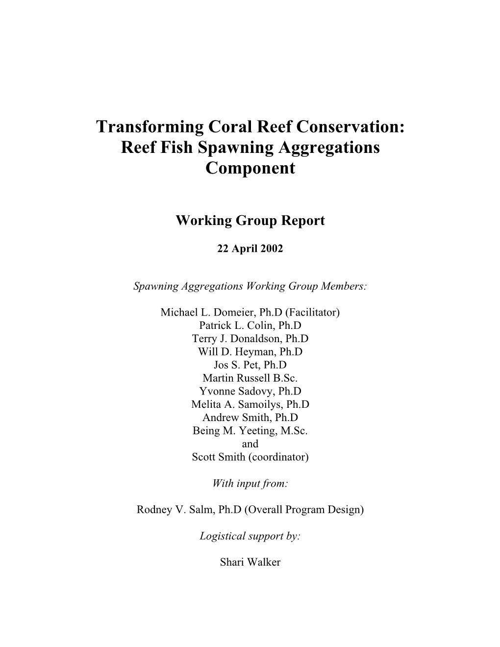 Reef Fish Spawning Aggregations Component