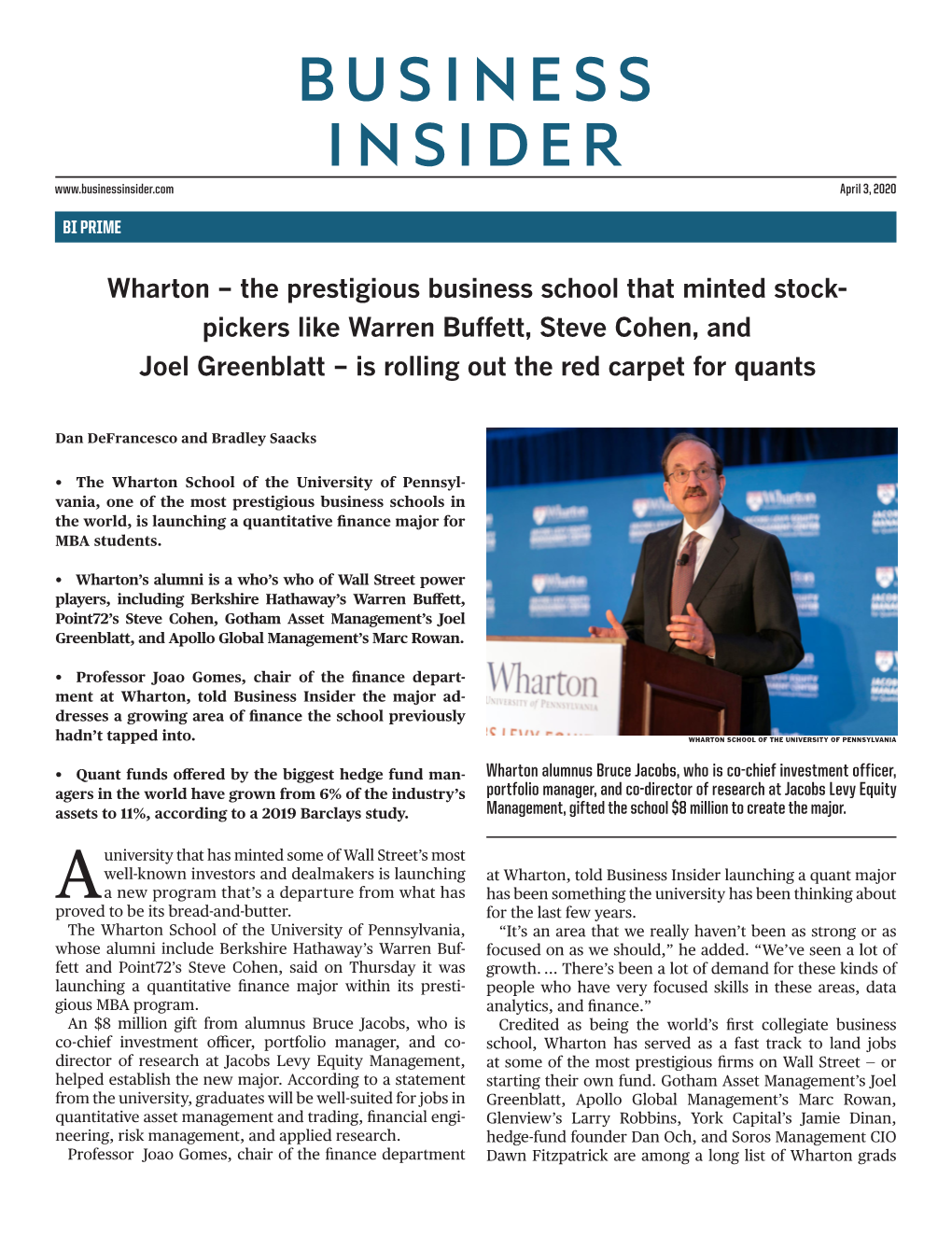 Wharton – the Prestigious Business School That Minted Stock- Pickers Like Warren Buffett, Steve Cohen, and Joel Greenblatt – Is Rolling out the Red Carpet for Quants