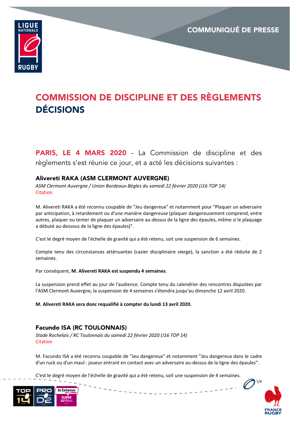 Commission De Discipline Et Des Règlements Décisions